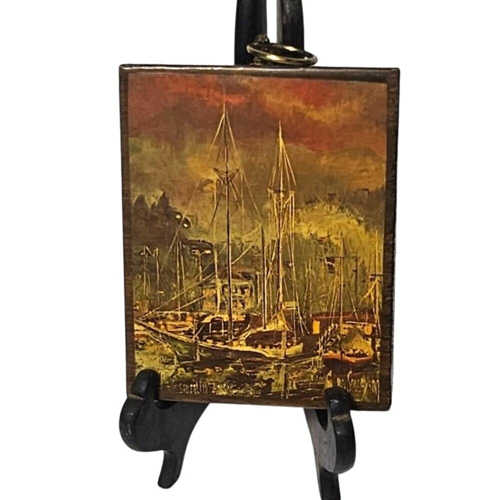 Vintage 1960s–70s Pierre Marc Sausalito Harbor Wood Plaque Resin Decoupage